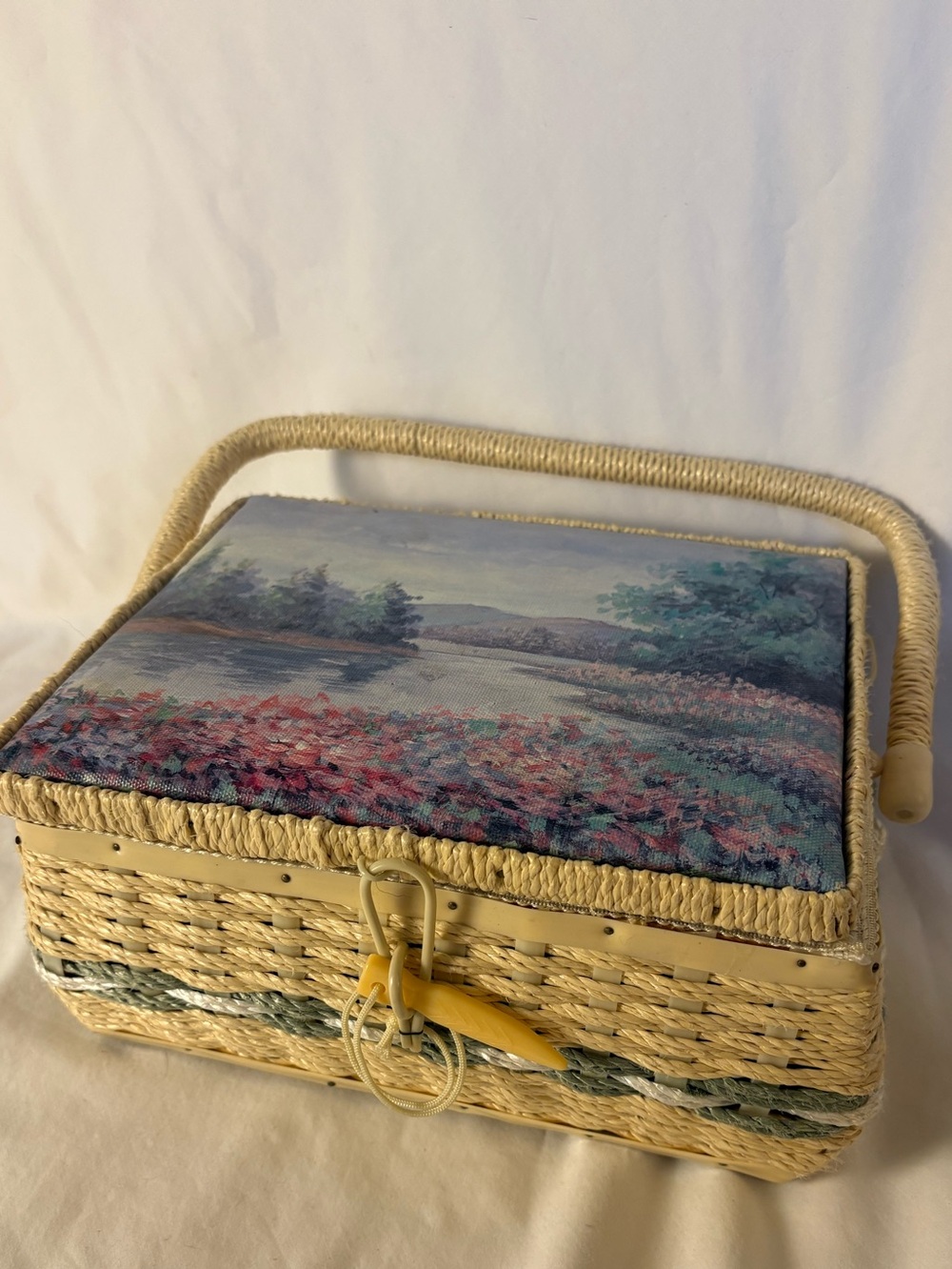 Vintage Wicker Sewing Basket Floral Landscape Storage Box Taiwan